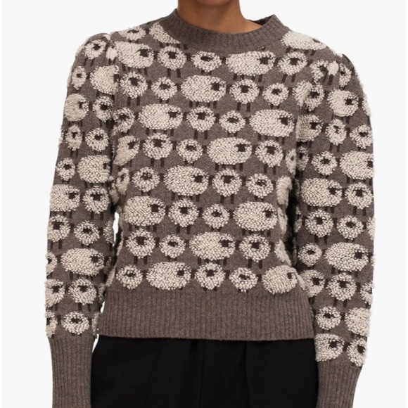 Sea Novelty Nubby Sheep Grey Cropped Puffed Sleeve Sweater Cute Animals SMALL - Picture 8 of 8